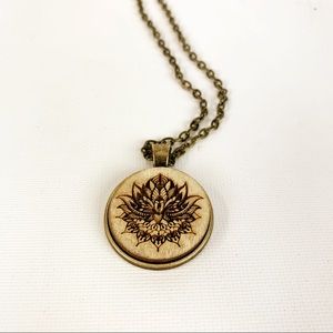 Wood Laser Engraved Lotus Mandala Necklace 24”